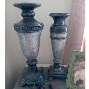 Pillar Candle Holders Extra Large Rustic Vtg Style Wood Hand Painted Set of Two